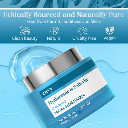 Hyaluronic & Salicylic Acid Face Moisturizer Cream - Hydrating, Acne Scar Reduction & Anti-Aging Day Cream - Dermatologist Tested, Clean Beauty for All Skin Types - 1.69 Fl. Oz